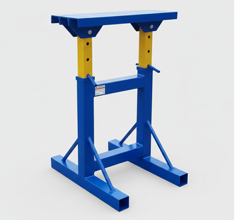 Tréteau métallique réglable forte charge 12 tonnes Arkobers en atelier de menuiserie.